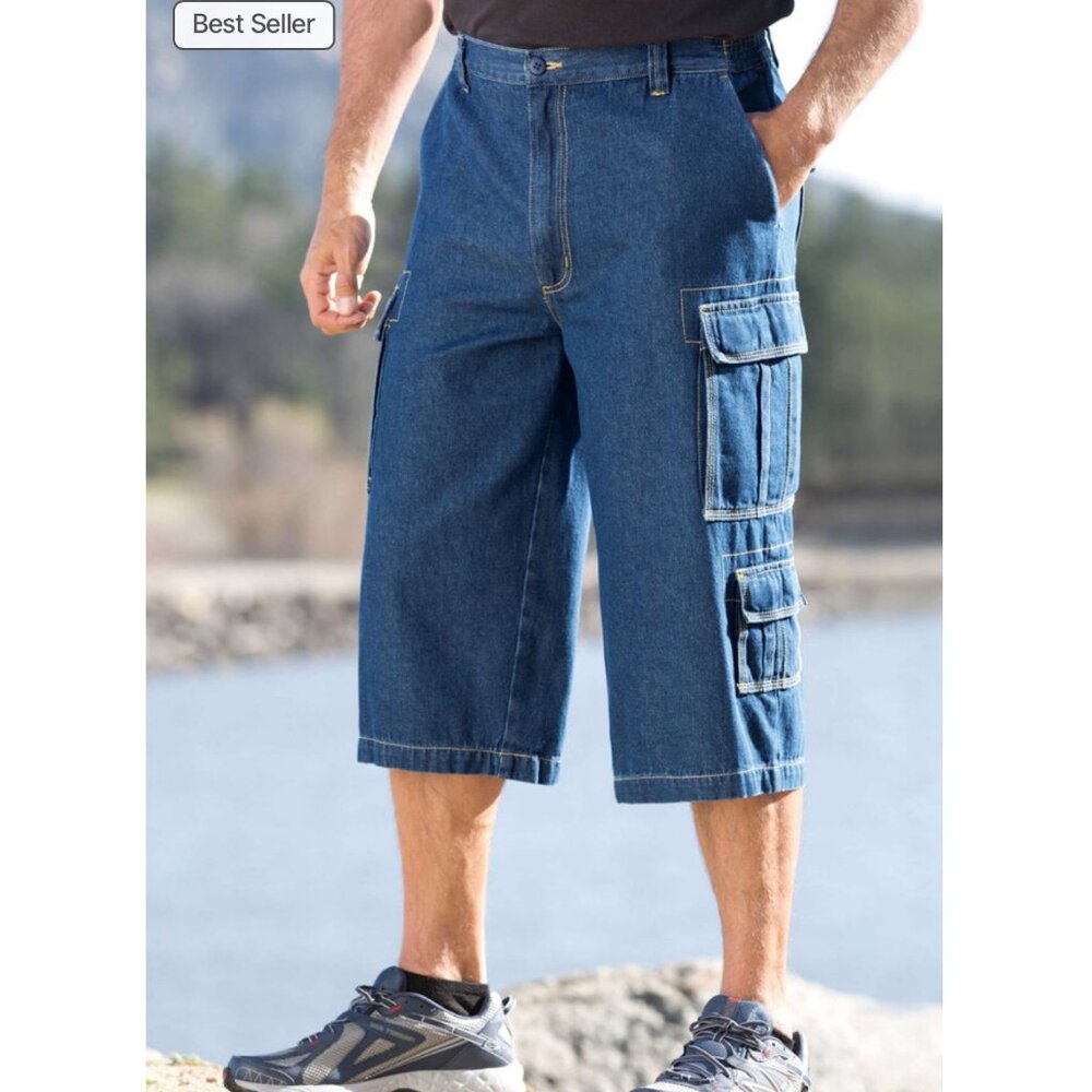 King Size NWOT 17" Side Elastic Denim Cargo Shorts Sz 42 Big & Talls Mens Dark B